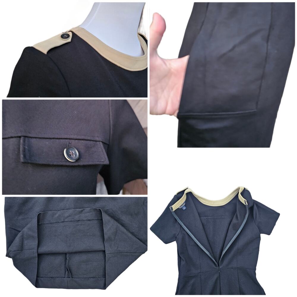 Black Knit Dress Tan Contrast Trim Epaulet Brooks Brothers Size 2 Stretch Pocket - Picture 5 of 9